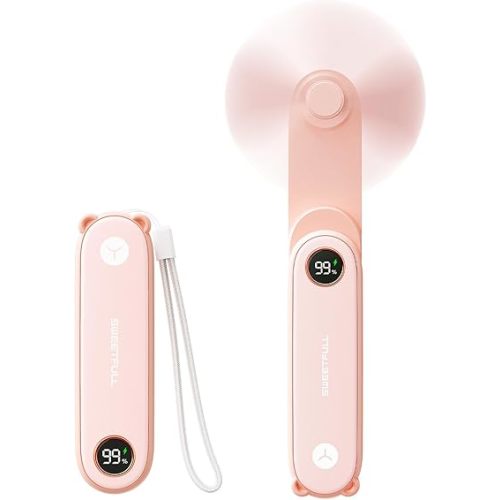 SWEETFULL Portable Handheld Mini Fan with LED Display, 3-in-1 Personal Foldable USB Rechargeable Hand Held Fan & Flashlight for Travel, Lash Eyelash, Cute Small Pocket for Women, Girls