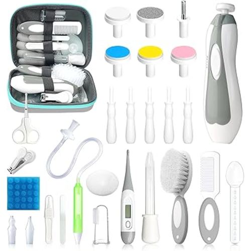 Baby Healthcare and Grooming Kit, 28 in 1 Portable Baby Essentials Kit Electric Nail Trimmer Set with Gas Relief Hair Brush Comb Nasal Aspirator for Newborn Boys Girls (Grey White)