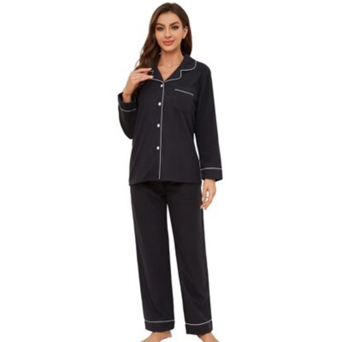 U2SKIIN Womens Button Up Pajama Sets, Soft Long Sleeve Flannel Knit Lounge Sets,(Black,M)