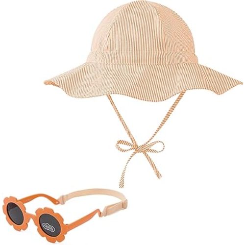 Zando UPF 50+ Wide Brim Baby Sun Hat with Sunglasses 0-12M - Sun Protection Infant Toddler Bucket Hat Adjustable for Outdoor
