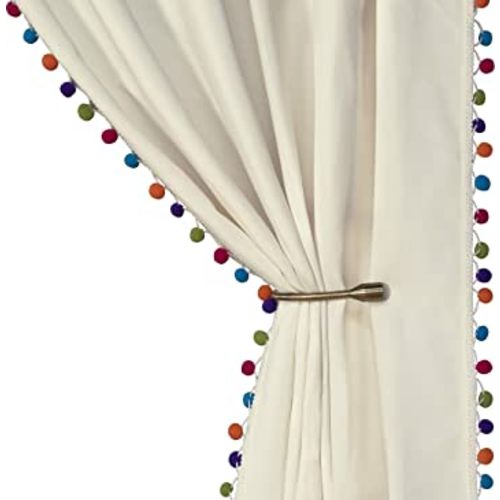 LORDTEX Multi Color Pom Pom Curtains for Kids Room - Thermal Insulated Curtains Noise Reducing Light Blocking Rod Pocket Window Drapes for Boys and Girls Bedroom, 52x84 inch, Vanilla, 2 Panels