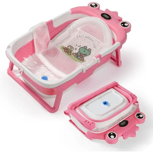 Baby Bathtub,Collapsible Baby Bath Tub with Soft Cushion & Thermometer, Space Saving Foldable & Travel Newborn Bathtub for Infant to Toddler 0-36 Months, Frog Pink
