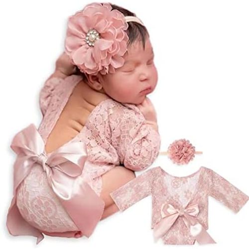 ForBaysy Infant Newborn Photography Props Girl Outfit Lace Romper with Cute Flower Headband Newborn Dress Posing Props
