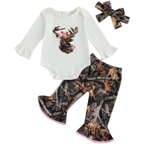 Newborn Baby Girl Hunting Clothes Deer Embroidery Long Sleeve Romper Camo Jungle Flare Pants Set Fall Winter Outfit