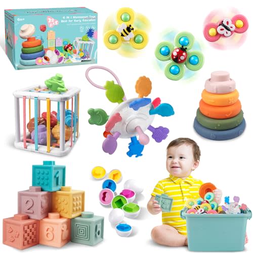 Weilim Baby Toys for 6 to 12 Months, Montessori Sensory Bins & Teething Toys, 6 in 1 Stacking Blocks, Rings, Eggs, Spinner, Crab Shape, 27 Pieces, Ages 6-36 Months
