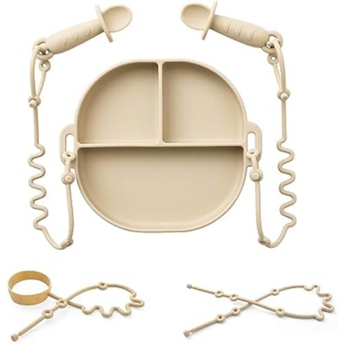 Silicone Plates for Babies with Suction Divided Baby Spoons Silicone Baby Toy Straps All-in-one Plates Silicone Placemat for Babies Toddlers Attachable Tethers & Built-in Suction Cups-Ivory