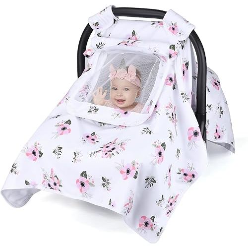 Car Seat Covers for Babies, Baby Car Seat Cover with Mesh Peep Window, Kick-Proof Newborn Carseat Canopy, Breathable Infant Car Seat Cover for Girls Boys, Stretchy Stroller Cover for Winter