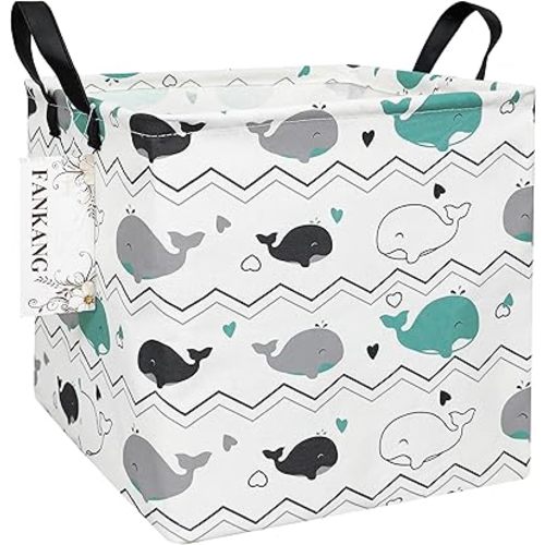 FANKANG Square Nursery Hamper Storage Bins Canvas Laundry Basket Foldable with Waterproof PE Coating Storage Baskets Gift Baskets for Children, Office, Bedroom, Clothes（Square-whales ）