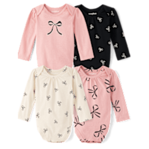 Baby Girls Long Sleeve Bow Bodysuit 4-Pack - PINK | The Children's Place