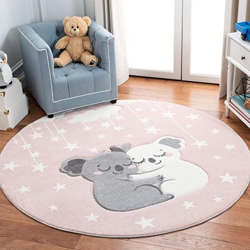 SAFAVIEH Carousel Kids Collection 6'7" Round Pink/White CRK195U Koala Hug Non-Shedding Nursery Playroom Area Rug