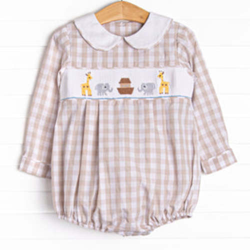 9 Months Noah's Ark Smocked Girl Bubble, Tan – Stitchy Fish