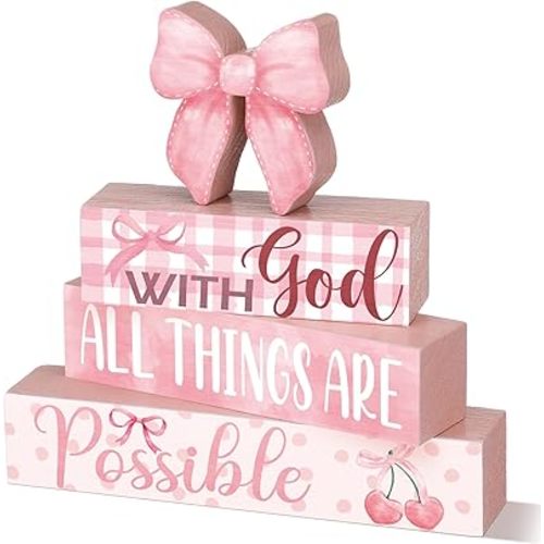 Cinnvoice 4 Pcs Pink Coquette Bow Room Decor Christian Bow Centerpieces for Table Bathroom Decor Inspirational Aesthetic College Teen Girls Gifts (God)