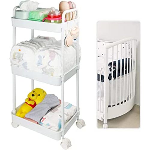Volnamal Baby Diaper Cart, Plastic Baby Diaper Caddy Baby Organizer for Nursery Diaper Cart with Wheels Baby Essentials Storage Cart, White