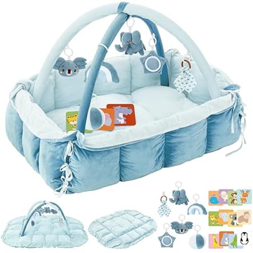 5-in-1 Plush Baby Play Gym, Baby Play Mats, Convertible Baby Gym, Tummy time mat, 6 Sensory Toys, Activity Center, Ball Pit, Blue