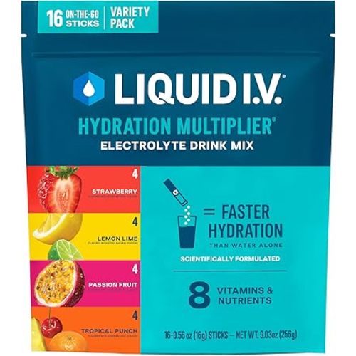 Liquid I.V.® Hydration Multiplier - Variety Pack - Lemon Lime, Passion Fruit, Strawberry, Tropical Punch | Electrolyte Powder Drink Mix | 1 Pack (16 Servings)
