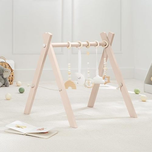 Comfy Cubs Wooden Baby Play Gym - Natural Finish Pinewood Baby Activity Gym with 5 Sensory Hanging Toys - Easy No-Tool Assembly, Safe and Durable for Infant Motor and Visual Development - Natural Wood
