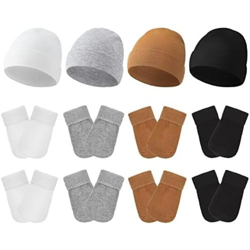 Hercicy 4 Pack Preemie Hat and Mitten Set Cotton Preemie Beanie No Scratch Baby Mitten Nicu Hospital Hat for Boy Girl