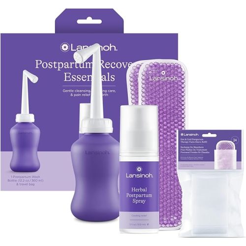 Lansinoh Postpartum Kit, Includes Upside Down Peri Bottle, Herbal Perineal Spray, Reusable Perineal Ice Packs and Sleeve - Postpartum Essentials Recovery Bundle