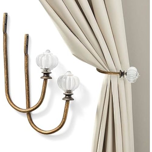 Vintage Curtain Holdbacks 2Pcs - Pumpkin Shaped, Metal Curtain Side Holders for Wall, Small Drapes Pull Backs Hook, Window Drapery Tie Backs Wall Mounted, Curtain Hardware Accessories