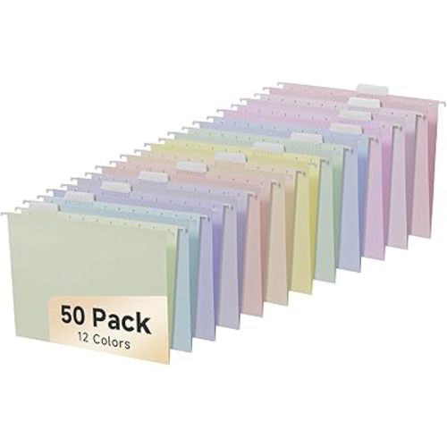 50pcs GOGODUCKS Decorative Hanging File Folders,Filing Cabinet, Letter Size with 1/5-Cut Adjustable Tab Durable 12 Colors Assorted, 50 pcs Per Box,Cute,Color,Pink,Pastel