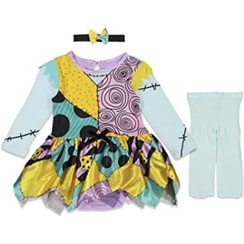 Disney Nightmare Before Christmas Sally Baby Girls Dress Tights and Headband 3 Piece Newborn to Infant