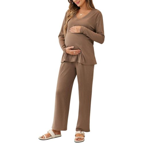 Women's Maternity Pajamas Sets 2 Piece Ribbed Outfits Long Sleeve V Neck Pullover and Long Pant Pregnancy Loungewear