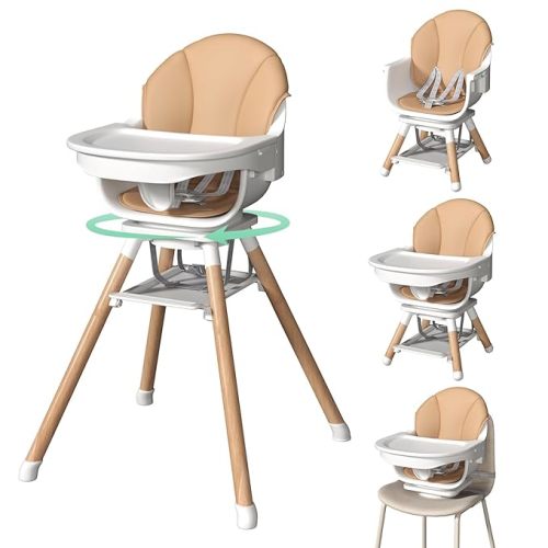 EROMMY 360° Swivel Baby High Chair,6-in-1 Convertible Wooden High Chair for Babies and Toddlers-Baby Feeding Chair with 5-Point Harness,Adjustable Highchair Features,Removable Double Tray