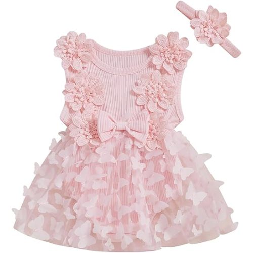 FOMOYUU Infant Newborn Baby Girl Lace Romper Dress Floral Lace Outfits Summer Toddler Clothes Jumpsuit with Headband