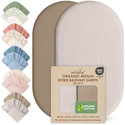 100% Organic Cotton 2 Baby Muslin Bassinet Sheets Unisex | Oeko-TEX Certified, Organic Cotton Sheets, Bedside Bassinet, Peach/Ivory, Unisex Design, Soft breathable fabric supports