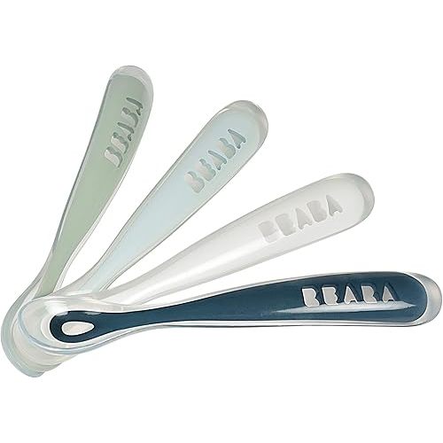BEABA Baby's First Foods Spoon Set, Original Silicone Baby Spoons, Baby Essentials, Baby Spoons, Pack of 4 Baby Gift Set, BPA Lead & Phthalate Free, Rain