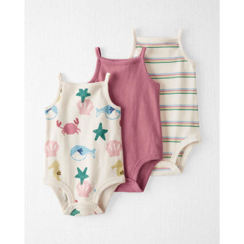 (NB) Baby 3-Pack Organic Cotton Tank Bodysuits  - Sand & Sea Print, Dark Blush, Striped