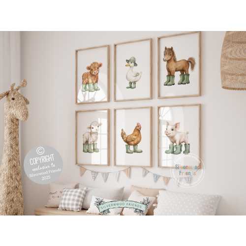 Baby Farm Animal Nursery Prints, Sage Green Highland Cow Western Nursery Decor, Kids Green Nursery Wall Art Duck in Rainboots Digital Print