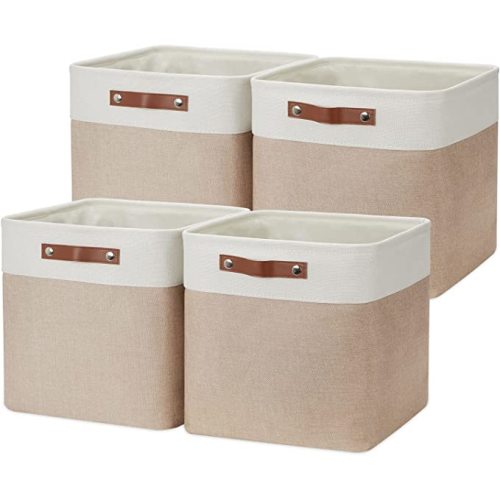 DULLEMELO Cube Storage Bins - 4 Pack Foldable Large Storage Baskets 12 inch Gifts Empty Fabric Bins for Home Office Cubes Organizer Closet, Shelves, Toy, Nursery (4 Pack - 12" White&Khaki)