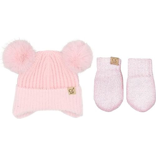 Funky Junque 2 Pack Infant Double Pom Chenille Earflap Beanie & Baby Mittens - Light Pink