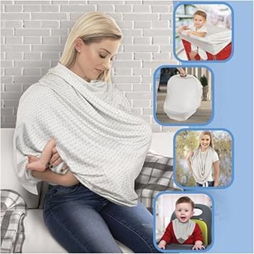 Nuby 5-in-1 Nursing Cover with 3+ Month Teething Bib, Grey