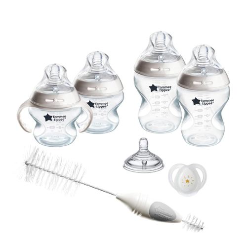 Tommee Tippee Natural Start Baby's First Bottle and Pacifier 8 Piece Set, 2 x 5oz and 2 x 9oz Anti-Colic BPA Free Bottles, 2 Extra Slow and Medium Flow Nipples, 2, 0-6 Month Pacifiers, Clear