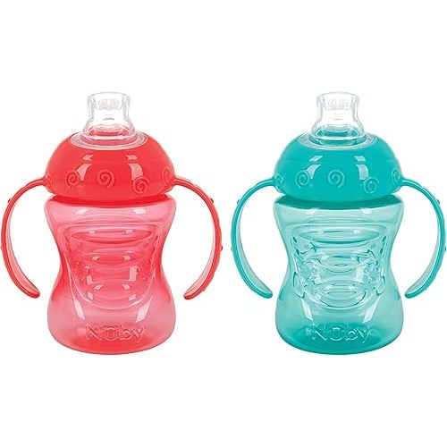Nuby Plastic 2-Pack Two-Handle No-Spill Super Spout Grip N' Sip Cups, 8oz, Coral and Aqua
