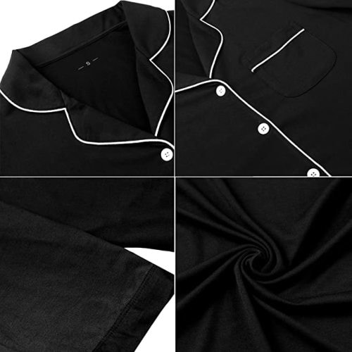 Samring Pajama Nightgown for Women Short/Long Sleeve Button Down Nightwear Top Boyfriend Sleep Shirts Nightdress S-XXL - Short Sleeve-black - Small