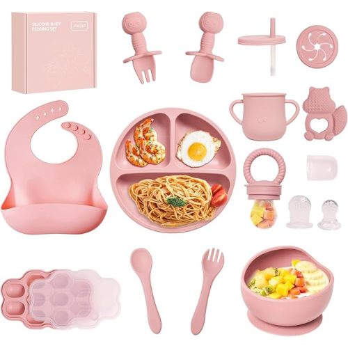 Silicone Baby Feeding Set, 15pcs Baby Led Weaning Feeding Supplies for Toddlers, Bowls and Plates with Suction, Silicone Bib,Toddler Spoons and Fork, Toddler Cups, Fruit Feeder & Freezer Tray. (Pink)