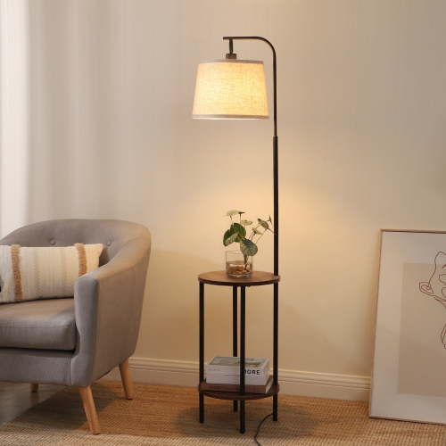 DEWENWILS Floor Lamp with Table for Living Room, 62in Rustic Farmhouse Wooden Floor Lamps, Attached End Table with Lamp for Bedroom, Office, Read Lighting, Home Decor, Brown