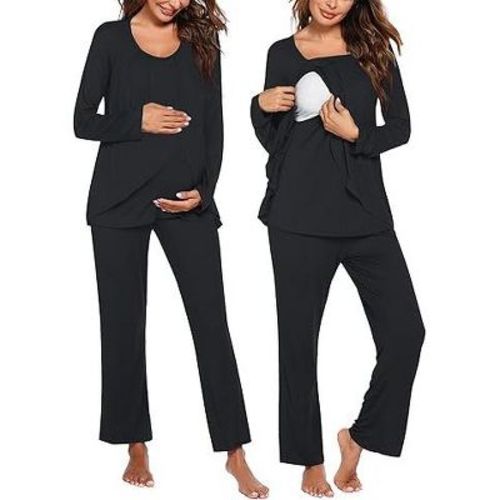 Ekouaer Maternity Nursing Pajama Set Long Sleeve Top & Pants with Pockets Breastfeeding Sleepwear Double Layer Pregnancy