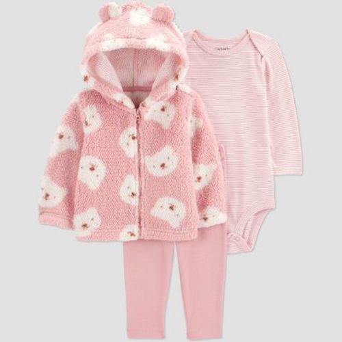 Carter's Just One You® Baby Girls' 3pc Bear Faux Shearling Sweatshirt with Long Sleeve Bodysuit and Leggings Set - Pink