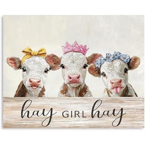 B BLINGBLING Funny Cow Wall Art | Farmhouse Animal Canvas Decor | Girls Room Kitchen Bedroom Bathroom Nursery | Rustic Country Cow Print | Cute Cowgirl Gift for Women | Western Home Sign | 16x12 Inch