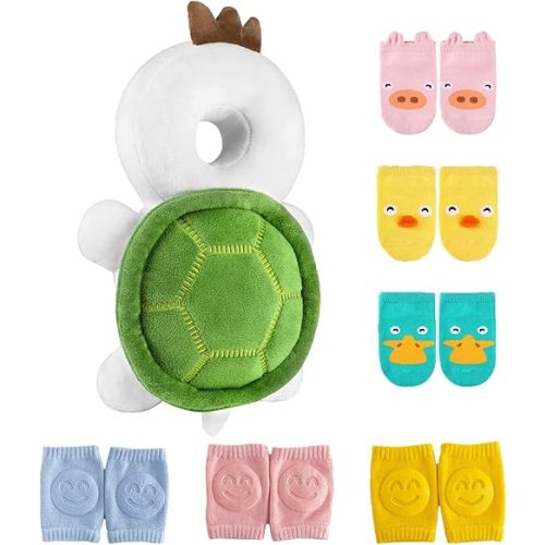 Toddler Head Protector Adjustable Backpack Safety Pad for Infants & Crawling, Includes Knee Pads & Socks - Tortoise HX WZ S7