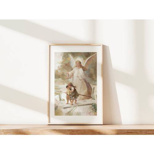 Guardian Angel Catholic Gift for Baby Angel Poster Religious Oil Painting Nursery Faith Home Decor Children's Christian Art Print