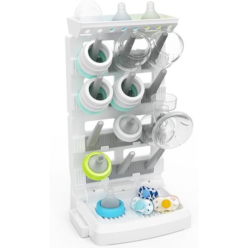 Baby Bottle Drying Rack for 12 Bottles, Space Saving Countertop Vertical Standing Bottle Dryer Rack for Baby Accessories & Pump Parts (Large White&Grey)
