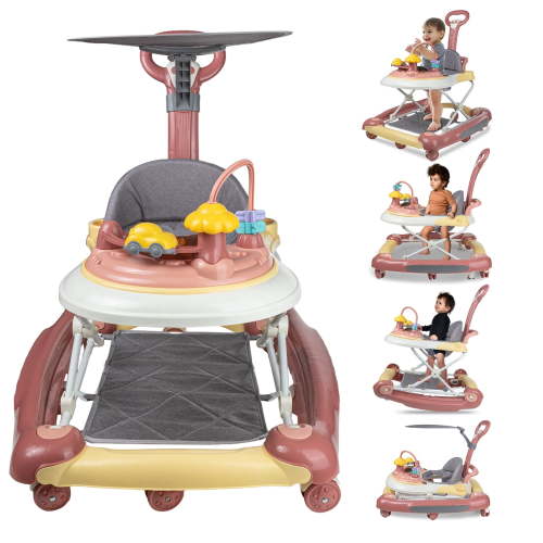 EONROACOO 5-in-1 Foldable Activity Baby Walker, Adjustable Height, Music Walker, 7-18 Months(Pink)