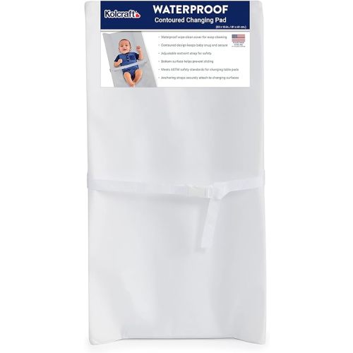 Kolcraft Waterproof Contoured Baby Changing Pad, Diaper Changing Pad for Dresser or Changing Table, Easy Clean, Soybean Enhanced Foam, Safety Restraint Belt and Straps, Made in USA - White, 17" x 33"