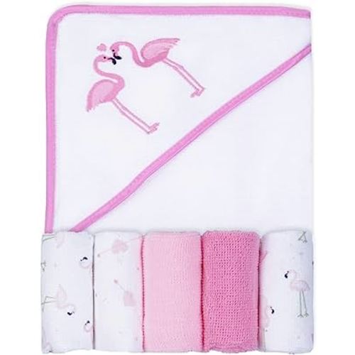 Viviland Baby Towels and Washcloths, Soft Absorbent Baby Girl Bath Towel Set, Flamingos Hooded Towels with 5 Infant Washcloths (6 Pieces)
