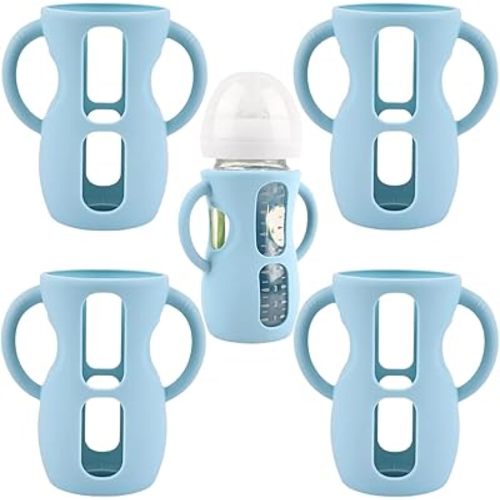 4 Pack Silicone Sleeves for Avent Natural Glass Baby Bottles, Silicone and Easy-Grip Handles for Drop Protection, Compatible with Philips Avent 4/8 OZ Glass Bottle (Light Blue, 8 OZ)